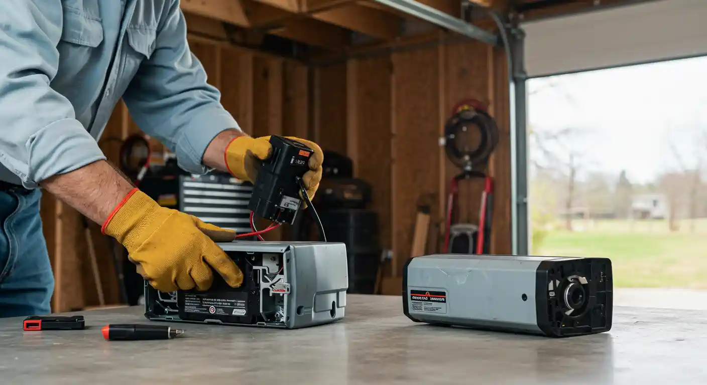 A person wearing a light blue long-sleeved shirt and yellow gloves is working on an opened gray garage door opener on a workbench or floor. They are holding a black component with red and black wires, seemingly connecting or disconnecting it from the main unit. Another, closed gray garage door opener unit is sitting to the right. In the background, an open garage door reveals an outdoor view with trees and a residential area. The garage interior shows exposed wooden framing and various tools and wires hanging on the walls.