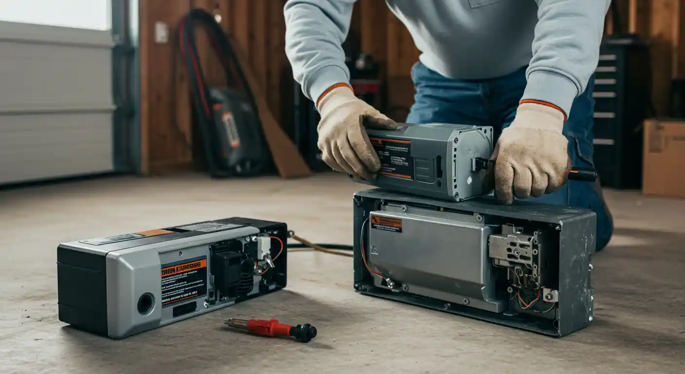 A close-up, low-angle shot shows a person wearing light-colored work gloves kneeling on a concrete garage floor, working on two grey garage door opener units. One unit is open, revealing its internal components, and the person is holding the top half of another unit above it, appearing to be in the process of assembly or disassembly. A red-handled screwdriver lies on the floor between them.