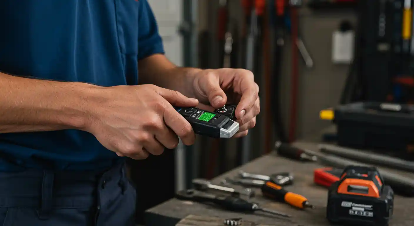 A close-up shot captures a person, likely a technician, in a blue uniform, holding a black and silver remote control with a green illuminated screen in their hands. The remote appears to be a programming device, and their fingers are poised over its buttons. In the foreground, various tools such as wrenches, screwdrivers, and a black and orange battery pack are scattered on a workbench. The background is blurred, showing a workshop or garage environment.