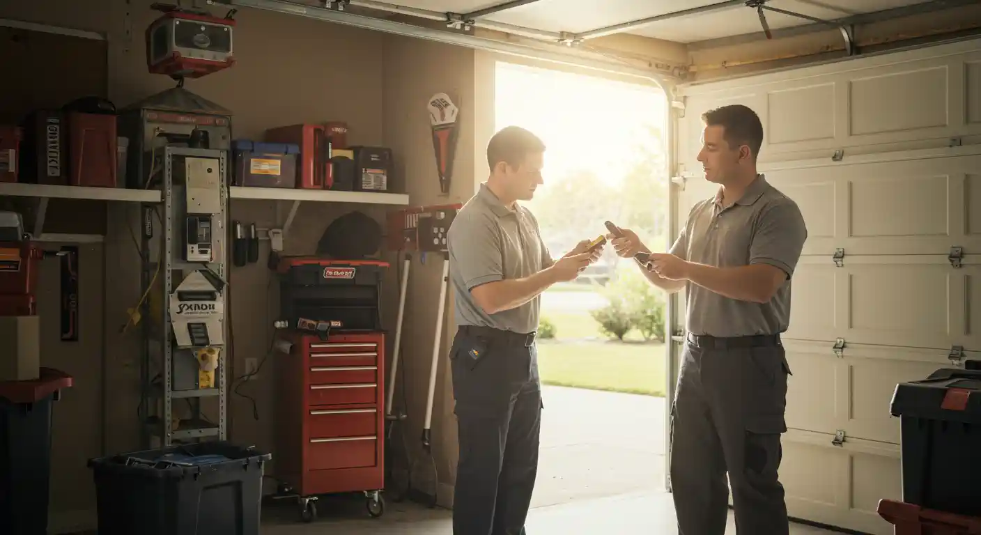 Two men, both wearing matching gray short-sleeved shirts and dark pants, are standing inside a garage with an open door that shows a sunny outdoor scene. The man on the left is handing a tool or device to the man on the right. The garage is well-lit and organized, with shelves on the left holding various items and a red toolbox with drawers. A white garage door is visible on the right.