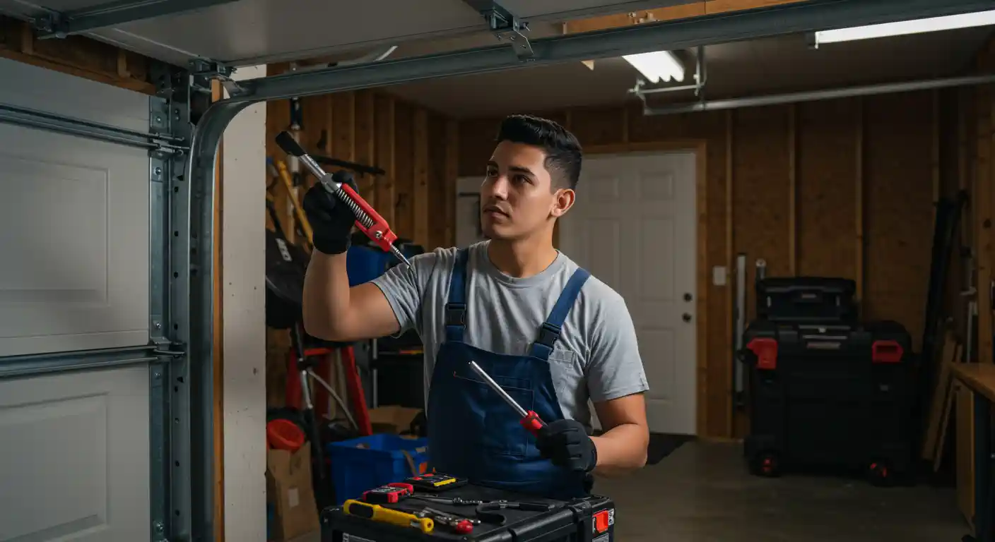 A young man with dark hair, wearing a gray t-shirt, blue overalls, and black gloves, is holding two screwdrivers. One screwdriver has a red handle and he's holding it in his left hand, pointing downwards. The other screwdriver, also with a red handle, is held in his right hand and pointed upwards towards the garage door mechanism. He is looking up, seemingly inspecting or working on the garage door track. A black toolbox is open in front of him, displaying various tools. The garage has wooden walls, a white garage door, and another door visible in the background.
