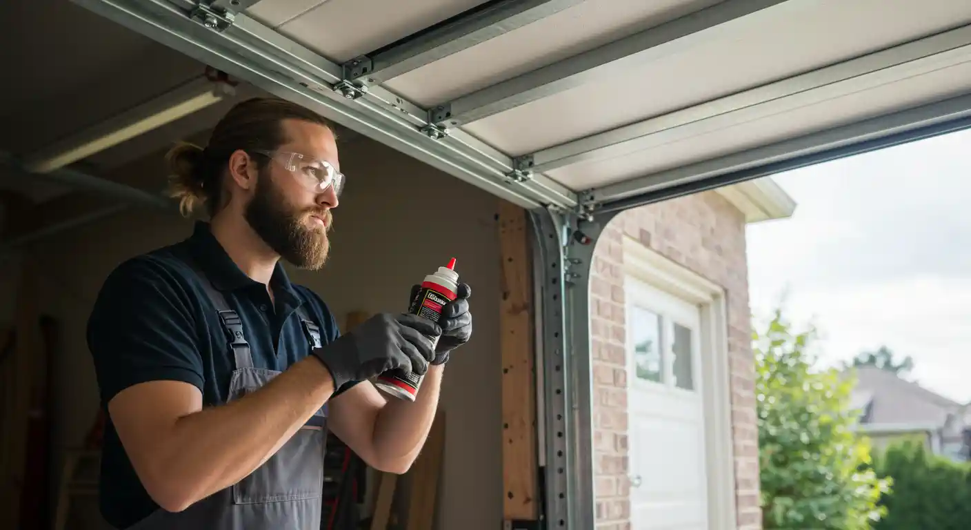 A bearded man wearing safety goggles and gloves applies lubricant to a garage door mechanism.
