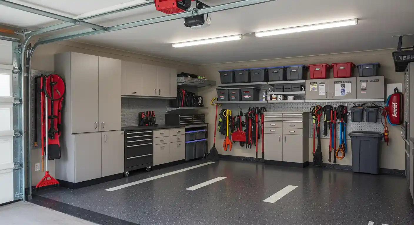 A highly organized and well-lit garage features a grey and black speckled floor with white markings. Extensive light grey cabinetry and shelving line the walls, offering ample storage. Tools and equipment, including a red shovel, brooms, and other long-handled items, are neatly hung on pegboards and wall organizers. Black and red storage bins are stacked on shelves, and a red fire extinguisher is mounted on the far right wall. A garage door is partially visible on the left, and a red garage door opener hangs from the ceiling.