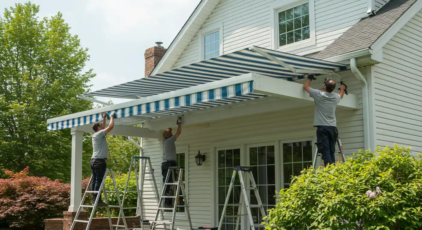 A vibrant outdoor shot captures three men in grey t-shirts and dark pants installing a large blue and white striped retractable awning on the side of a white house. Each man is positioned on a ladder, actively working on different sections of the awning's frame and fabric. The house features several windows and a chimney, with green trees and bushes providing a lush background under a clear sky.