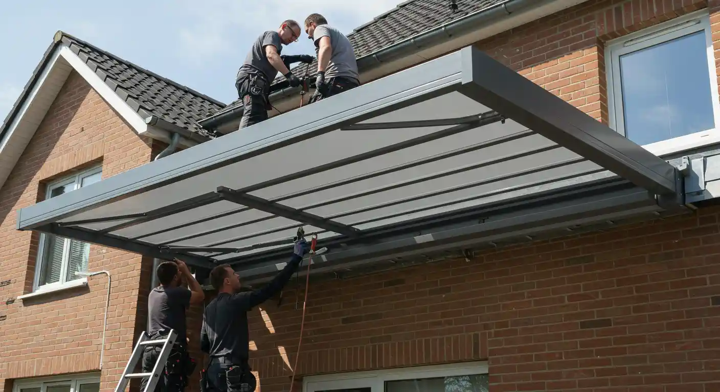 Three men are installing a modern, gray and white awning over a brick building. Two men are working on top of the awning structure, with one appearing to use a tool, while the third man is on a ladder below, reaching up and working on the underside of the awning. The building has a dark tiled roof and a window visible on the right. The sky is bright, suggesting a clear day.
