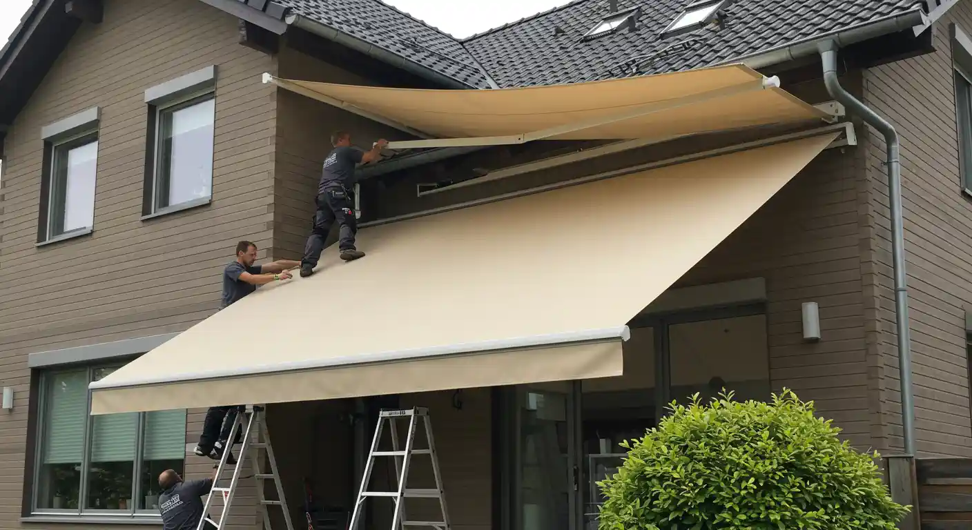A team of three technicians is captured installing large, light-beige retractable awnings on the side of a modern brown and grey house. Two technicians are on ladders, actively working on the awning mechanisms, while one is positioned directly on the lower awning, adjusting a component. The house features multiple windows and a dark-tiled roof, with some green foliage visible in the foreground.