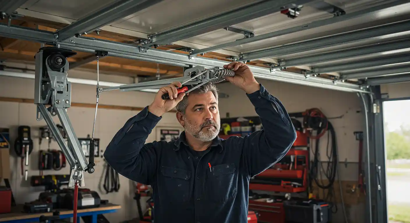 A middle-aged man with a grey beard, wearing a dark blue long-sleeved shirt, is looking up and using a tool to adjust the spring mechanism of an overhead garage door. The complex metal track and spring system is visible above him, with the garage door partially open in the background, revealing a view outside.