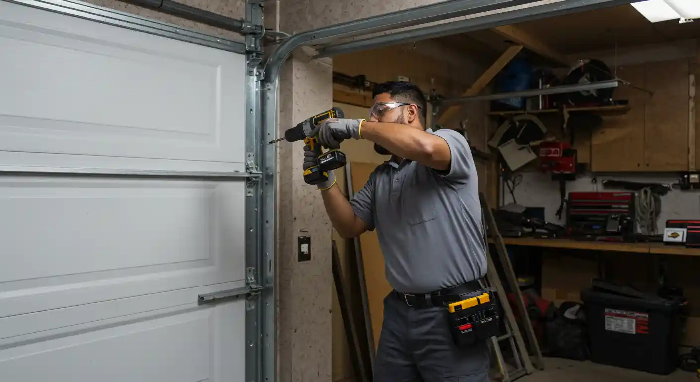  A man wearing a grey polo shirt, dark pants, grey gloves, and safety glasses is using a yellow and black power drill on a white garage door. He has a tool belt attached to his hip. The background shows a garage interior with various tools and shelves, suggesting a workspace.