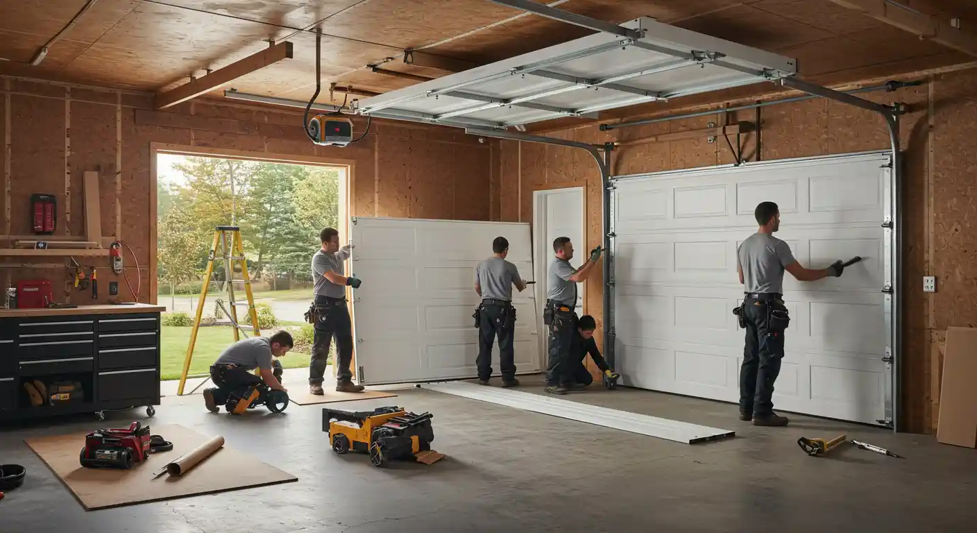 A time-lapse composite image showing five male technicians in various stages of installing a white sectional garage door. The technicians, all wearing grey t-shirts and tool belts, are seen working on different parts of the garage door and its mechanism. In the background, a large window reveals a bright outdoor scene with trees. Various tools and equipment are spread across the concrete floor, including a yellow and black power tool. The garage walls are made of light-colored wood paneling, and a garage door opener is mounted on the ceiling.