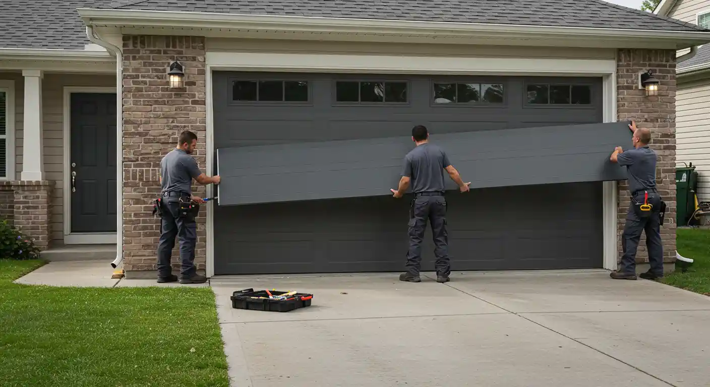  A bright, outdoor shot shows three men, likely technicians, replacing a garage door. Two of the men are carrying a long, dark grey garage door panel, preparing to install it into the opening of a garage with an existing dark grey door. The third man stands to the left, appearing to assist or prepare for the installation. The house features brick siding and a dark roof, with a green lawn in the foreground. A black toolbox with tools is on the driveway
