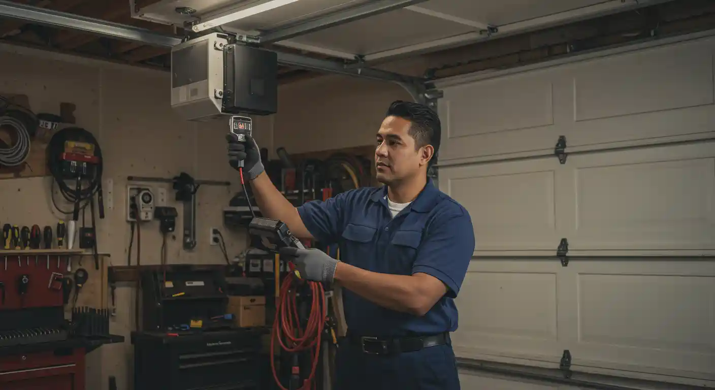 A male technician in a blue polo shirt and grey work gloves is actively working on a garage door opener mounted on the ceiling. He is holding a diagnostic tool with a screen in one hand, extending it towards the opener. The garage interior, with various tools and equipment hanging on the walls, is visible in the background.