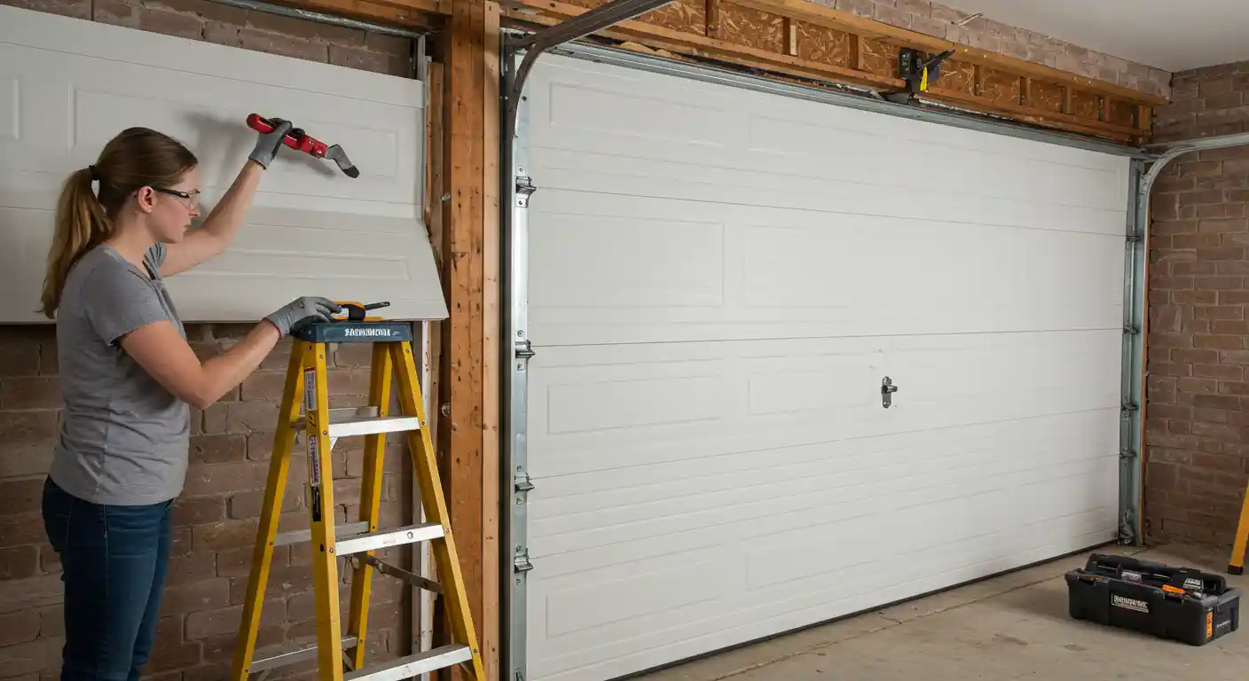  A woman in a gray t-shirt, blue jeans, and gray gloves is standing on a yellow step ladder, working on the top panel of a white garage door. She is holding a red and black tool in her right hand and a black and yellow tool in her left hand, appearing to be making adjustments or repairs. To her right, another complete white garage door is visible, and on the floor below it, there are two black toolboxes. The garage has exposed wooden beams and a brick wall.