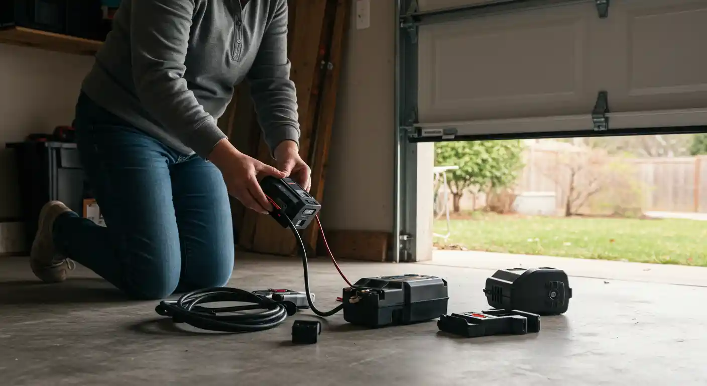 A person is kneeling on a concrete garage floor, holding a black garage door opener component with wires extending from it. Several other black components and coiled wires are on the floor in front of them. The garage door is open, revealing a view of a backyard with green grass and trees.