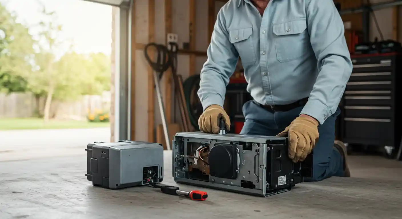 A person wearing a light blue long-sleeved shirt, dark pants, and tan work gloves is kneeling on a concrete garage floor, actively working on an open grey garage door opener unit. The internal components of the opener are visible. To the left, a closed grey and black component of the opener system is connected by a cable to the main unit. In the background, the garage door is open, showing greenery outside, and various tools and shelves are visible within the garage.