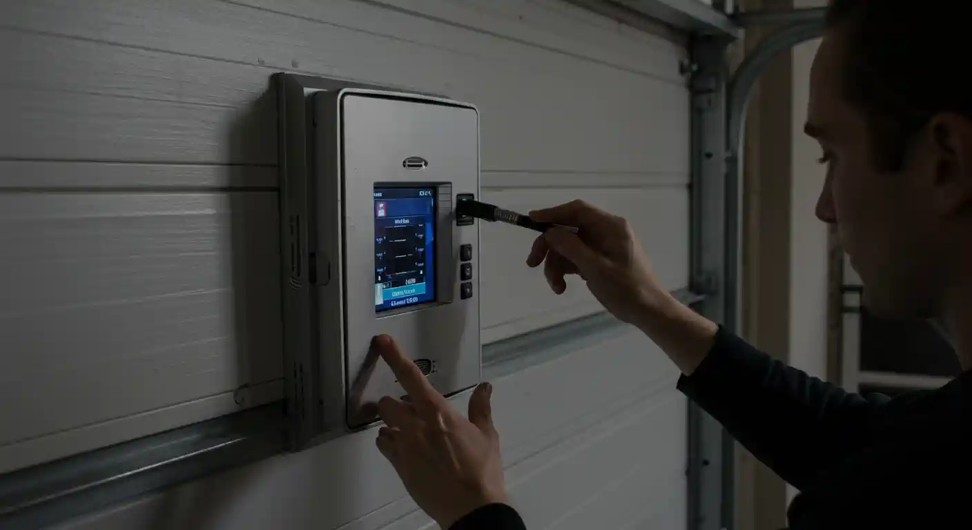A person, seen from the side, is interacting with a silver-colored wall-mounted digital control panel for a garage door. Their right hand is pressing a button on the screen, while their left hand holds a small black stylus, appearing to insert it into a port on the side of the panel. The panel displays various settings and information, including "Wi-Fi" and "Cloud." The background shows the corrugated white surface of a garage door and its metal tracks.