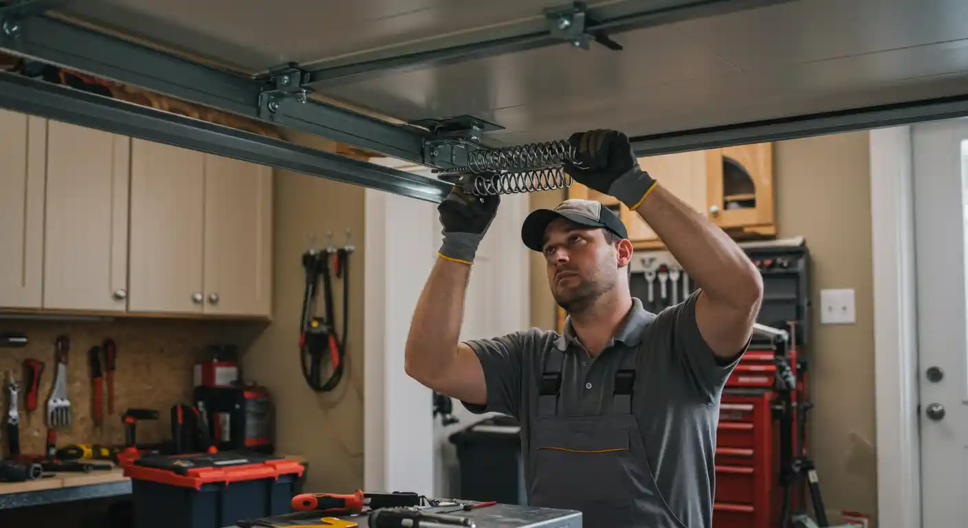 A male technician wearing a grey polo shirt, grey overalls with an orange stripe, a baseball cap, and work gloves, is looking up and working on a garage door spring mechanism attached to the ceiling. His hands are near the coiled spring, suggesting he is installing or repairing it. The garage interior shows wooden cabinets and a workbench in the background.