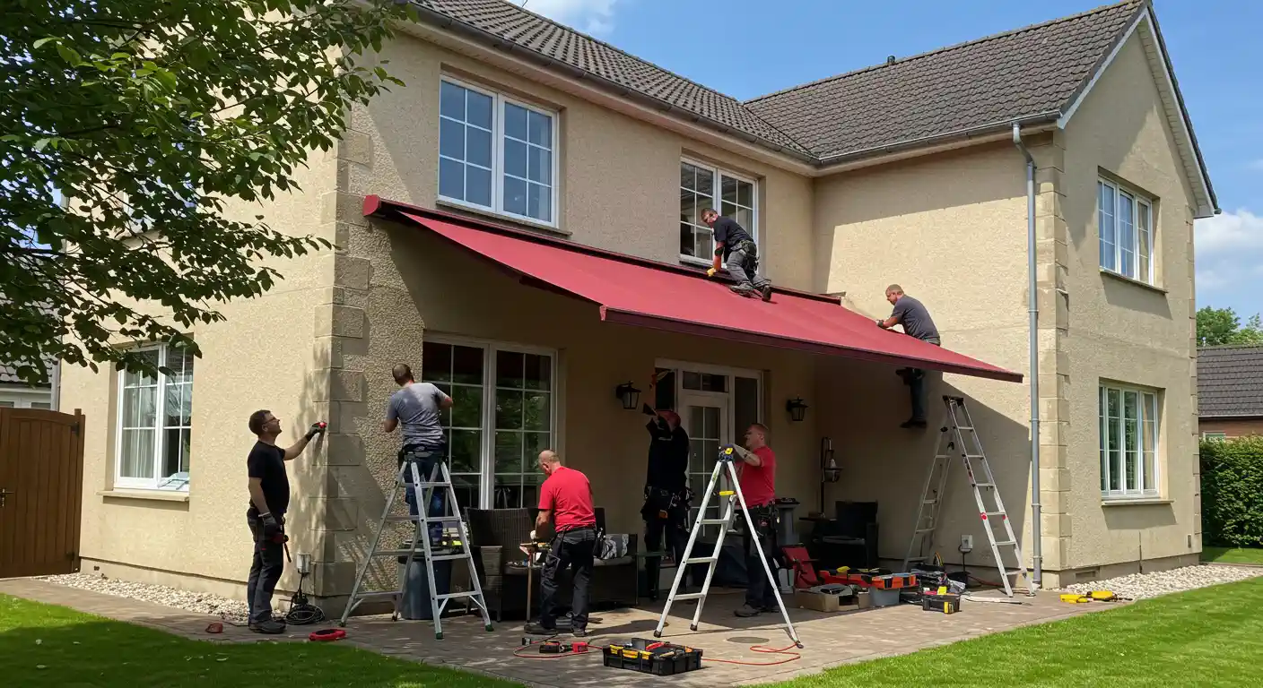  A team of six workers is installing a long, red retractable awning on the back of a two-story beige house. Several ladders are positioned against the house, with workers on them and on the roof of the awning itself, all actively engaged in the installation process. Various tools and toolboxes are visible on the patio below. The sky is partly cloudy, and there's a green lawn and trees in the foreground and background.