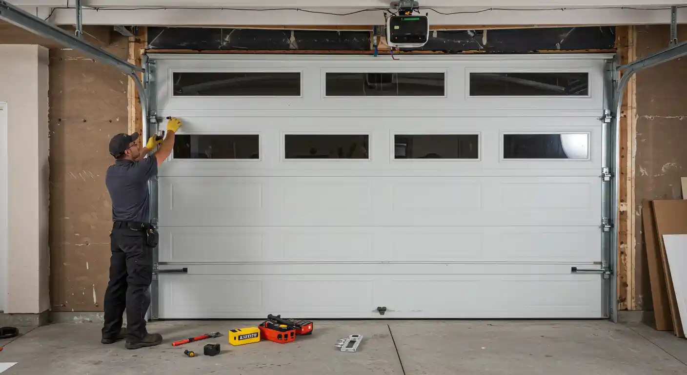  A male worker wearing a gray t-shirt, dark pants, a baseball cap, and yellow gloves is actively installing or adjusting the left side of a new white garage door. The door features multiple rectangular windows across its top two panels. Various tools, including a yellow toolbox, are laid out on the concrete floor in front of the garage door. The garage interior shows exposed wooden studs and a garage door opener mounted overhead.