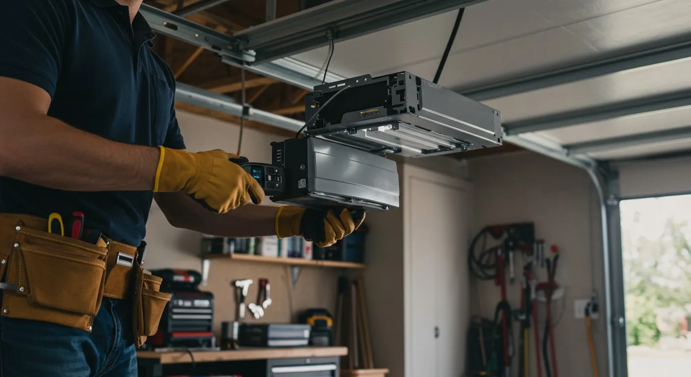 A person wearing gloves and a tool belt installs a garage door opener in a neat garage.