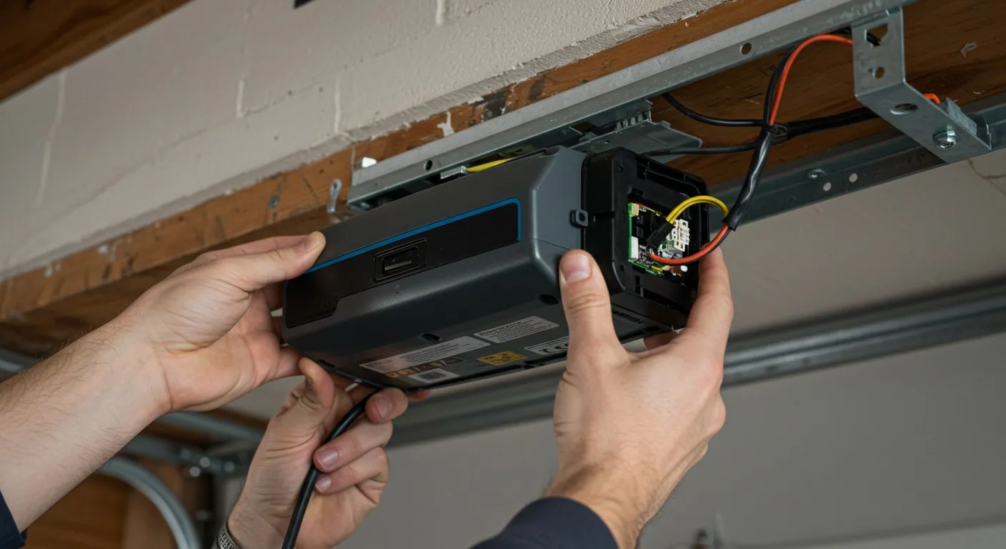 Hands are seen installing or repairing a garage door opener, engaging with wires and components.