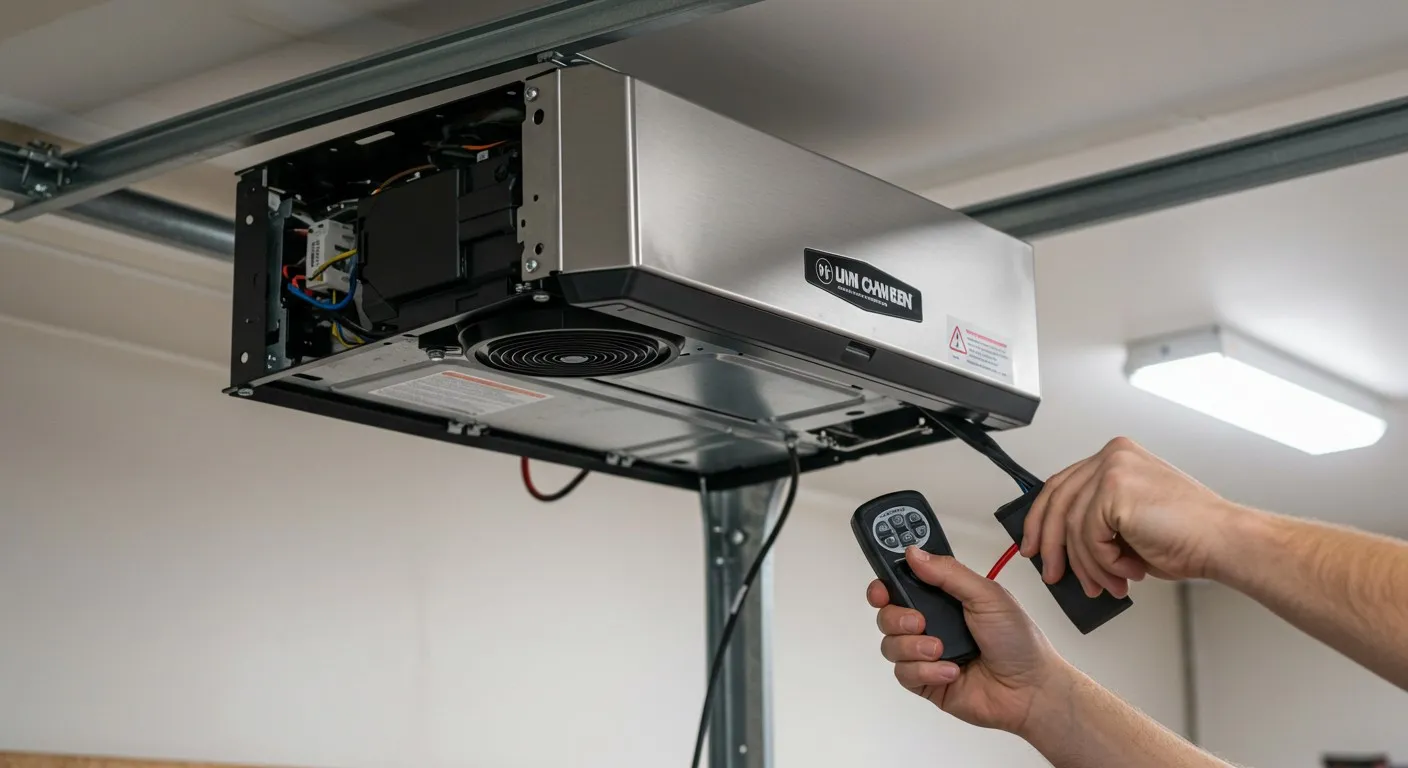 Hands programing garage door opener remote.
