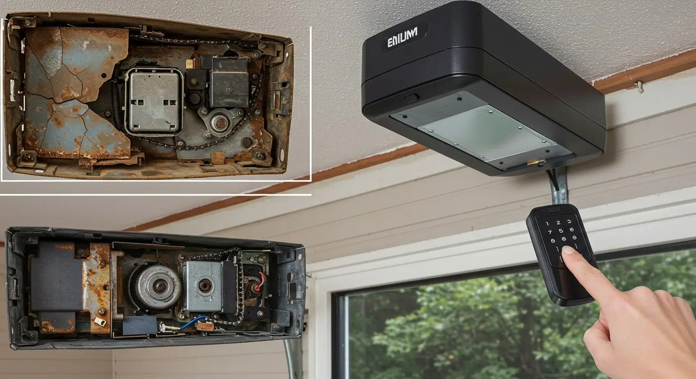 A hand presses a keypad on a sleek, modern black garage door opener mounted on a ceiling.