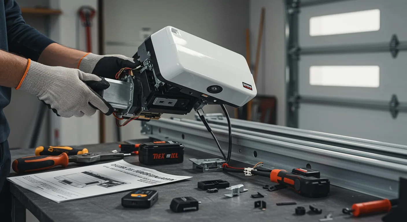 A person wearing gloves assembles a white mechanical device on a workbench with tools, instructions, and mounting rails.