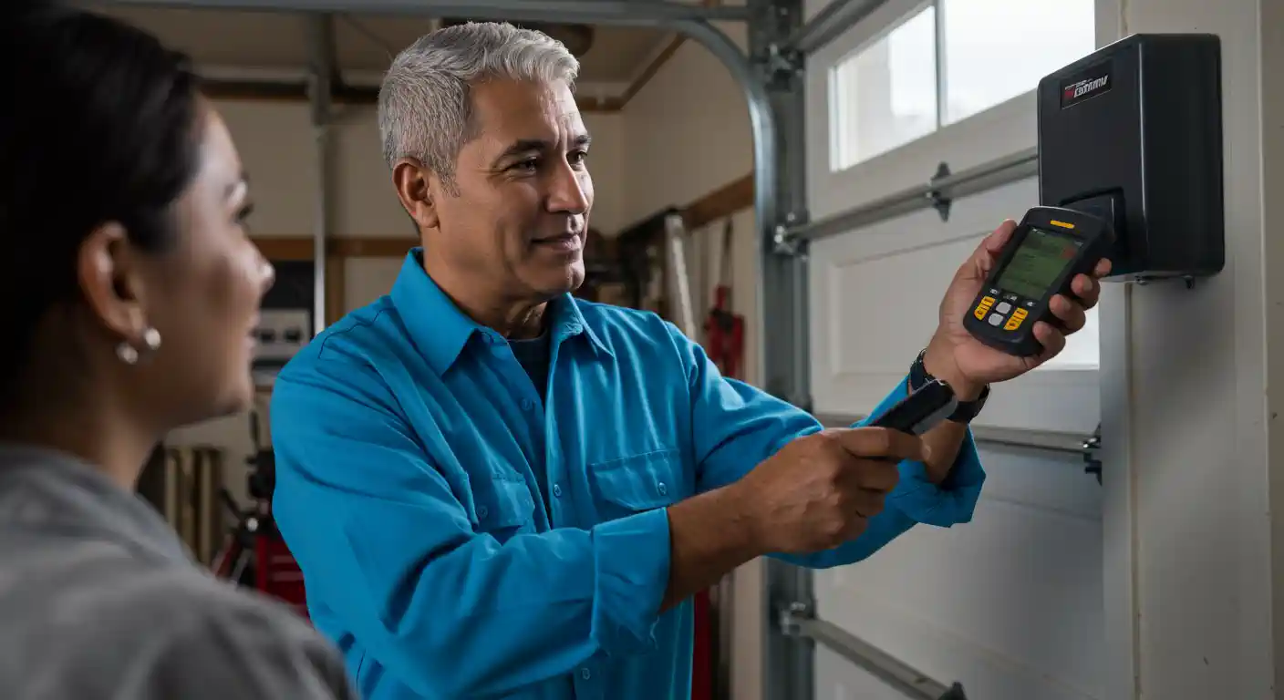 A smiling, middle-aged man with graying hair, wearing a blue long-sleeved shirt, is showing a black and yellow handheld device to a woman whose back is partially visible in the foreground. The device is being held up towards a black wall-mounted garage door opener control panel. The scene appears to be inside a garage, with a white garage door and its tracks visible in the background.