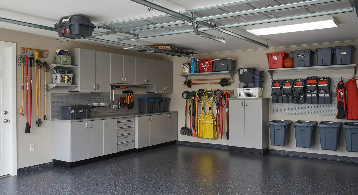 An incredibly well-organized garage features extensive gray cabinetry and shelving units along the back and left walls. The floor is a dark, glossy gray. Various storage solutions are implemented, including pegboards for hanging tools like brooms, rakes, and shovels. Overhead, metal racks hold black storage bins. Shelves are stocked with red and black bins, and a variety of items are neatly stored, including sporting equipment and cleaning supplies. A white door is visible on the far left. The garage is brightly lit by ceiling lights