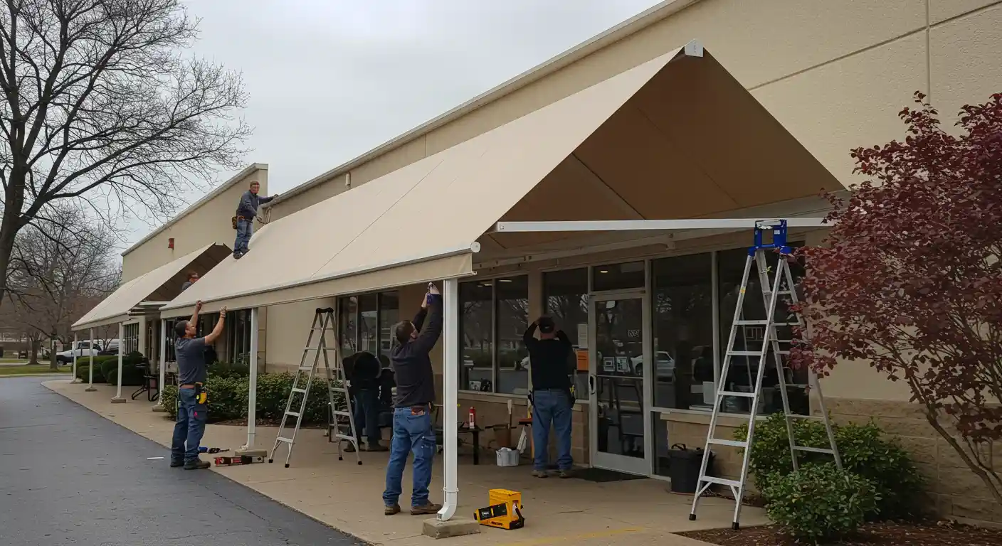A team of several workers is installing or adjusting a long, light brown awning over the front of a commercial building. The building has a light-colored facade, possibly stucco or brick. One worker is on the roof, two are on ladders directly below the awning, and two more are standing on the ground near the entrance. Tools and ladders are visible around them. The ground is paved, and there are some leafless trees and a reddish bush in the foreground. The sky is overcast.