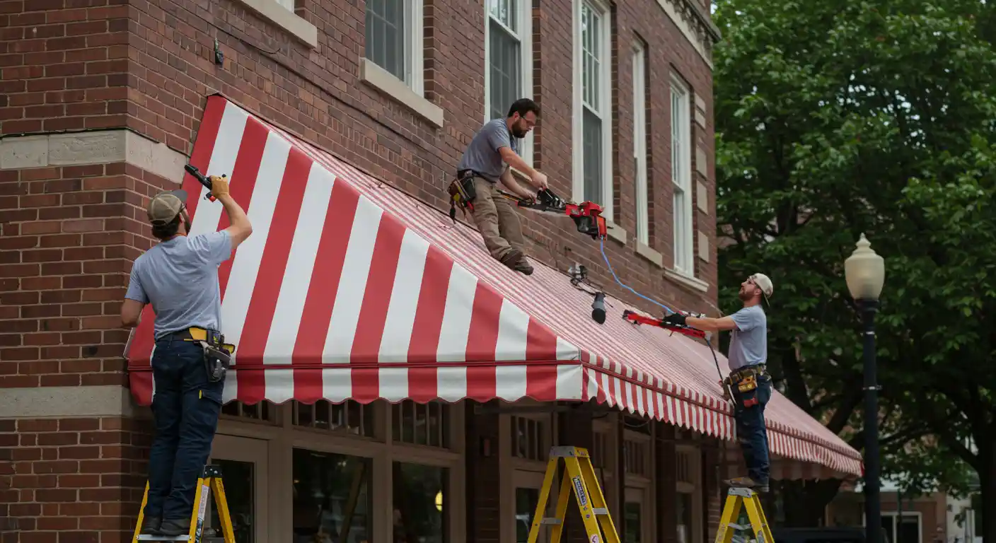 Three workers are installing a red and white striped awning on the front of a brick building. One man is standing on top of the awning, wearing a harness and using a red tool. Another man is on a ladder to the right, also using a red tool. A third man on a ladder to the left is holding a yellow tool and helping with the installation.