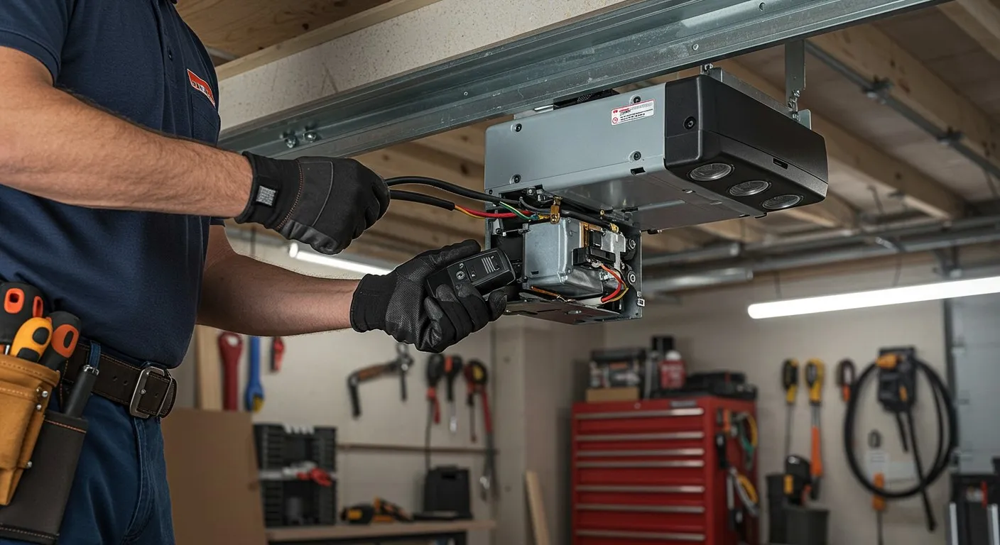 Man connecting wires to garage opener.