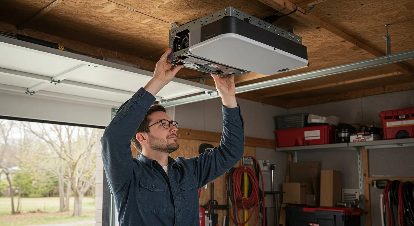 A man in glasses works on a ceiling-mounted device in a garage, surrounded by tools and storage boxes.