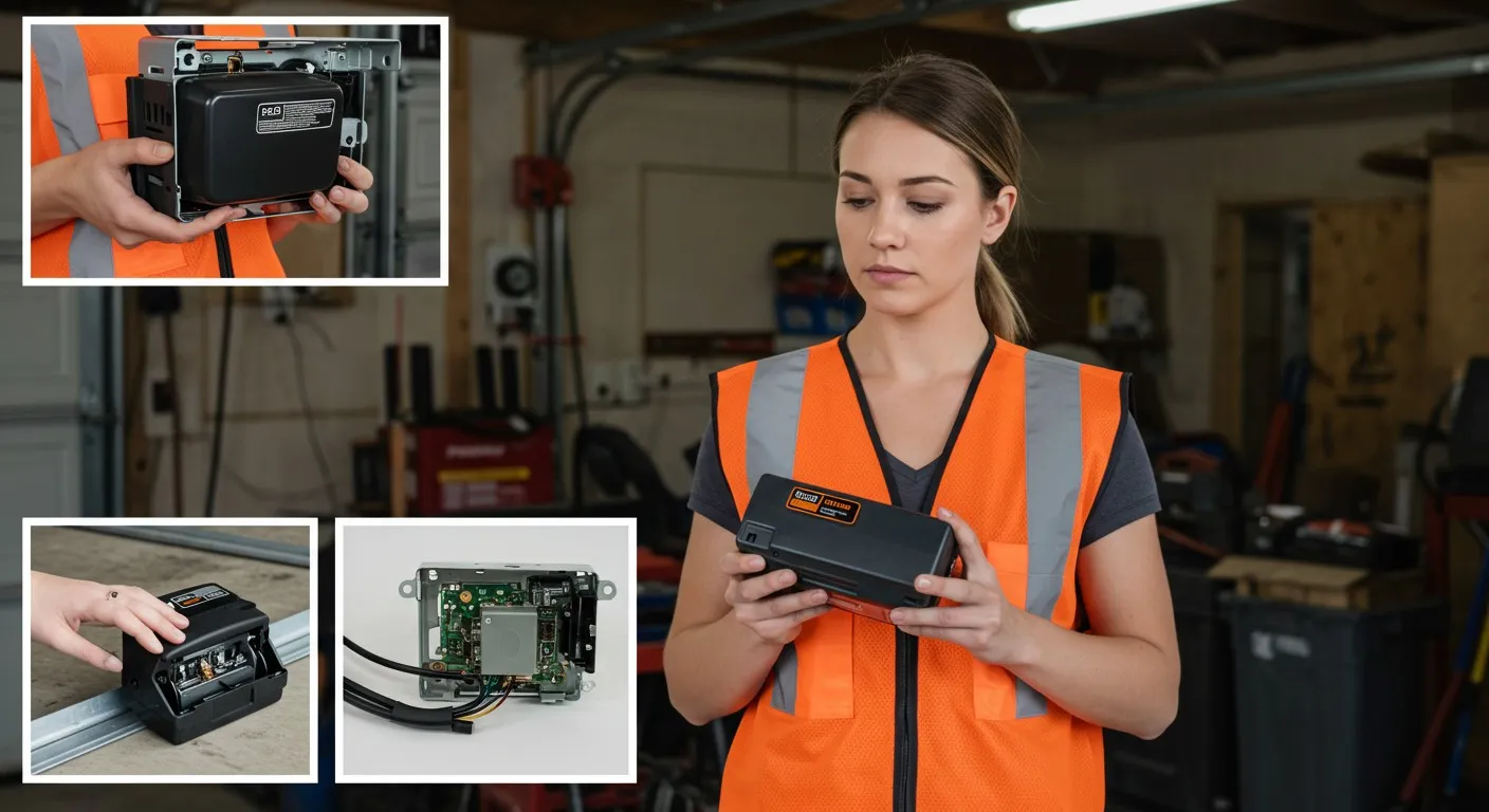 Woman examining garage door opener components.