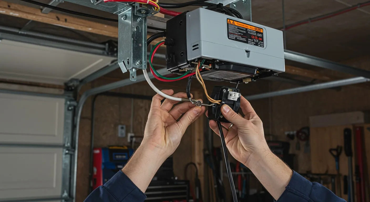 Hands connect wiring to garage opener.