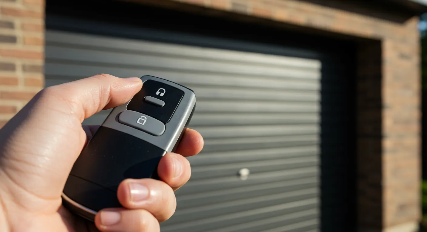 A hand holds a black and grey garage door remote with a lock icon, positioned in front of a modern grey garage door.