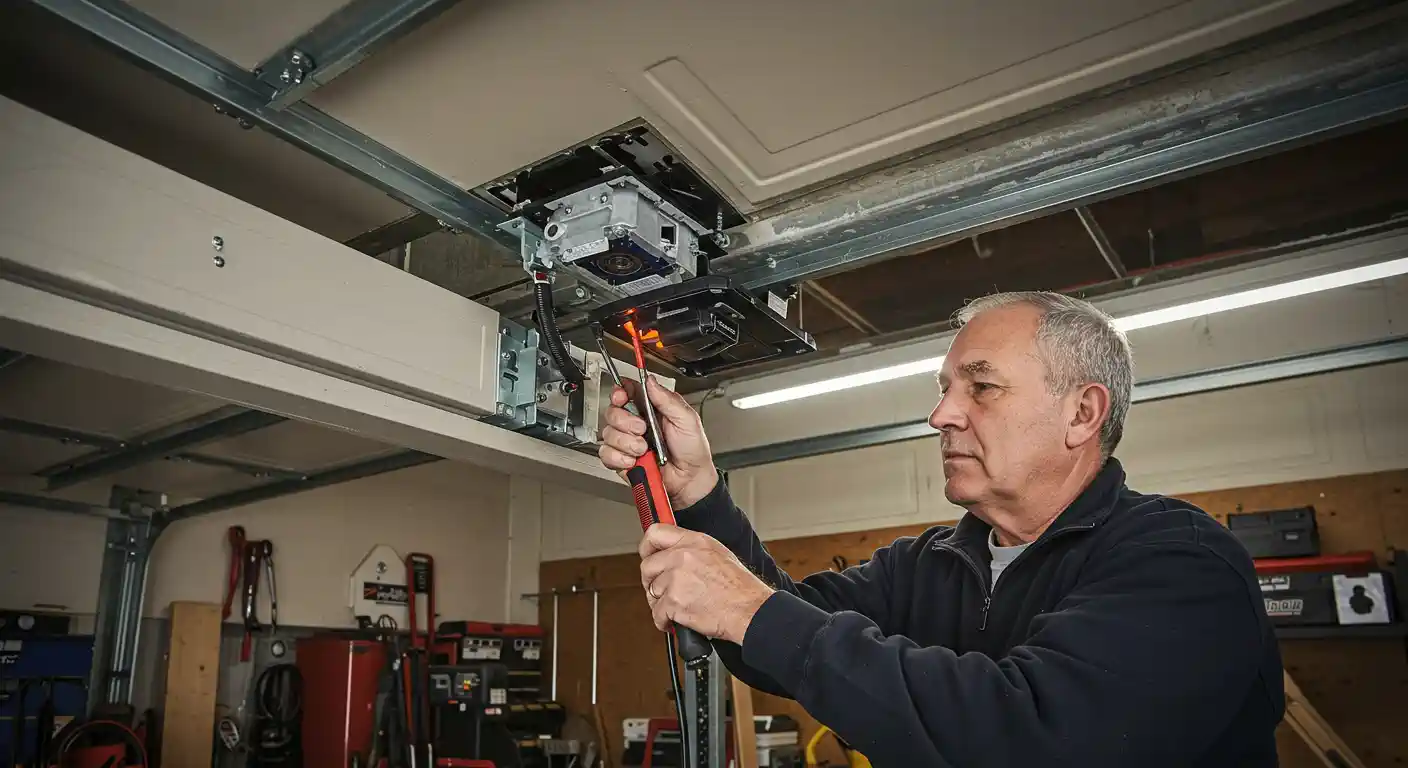 A mature man with short gray hair, wearing a dark blue zip-up jacket, is working on a garage door opener mechanism mounted on the ceiling. He is holding a red-handled tool, possibly a screwdriver or wrench, and appears focused on the repair. The garage interior has wooden walls and a white garage door, with various items and tools visible in the background.