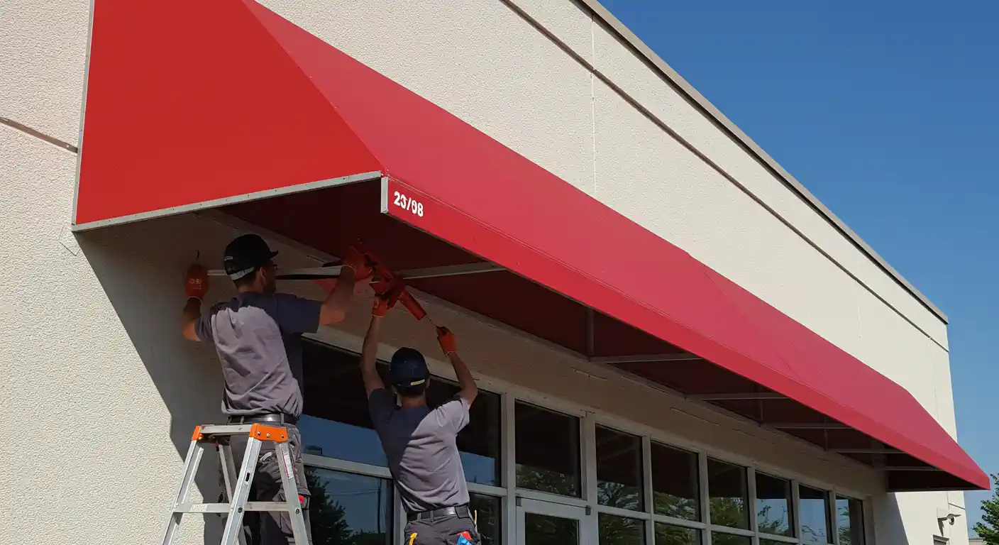Two workers are installing a long, red awning on a commercial building with light-colored walls. Both men are wearing dark t-shirts, dark pants, gloves (one orange, one black), and baseball caps. One man is standing on a ladder on the left, using a red tool, while the other man is directly beneath the awning, also working with a tool. The awning has a white number "23/98" visible on its underside. The sky above is clear and blue.