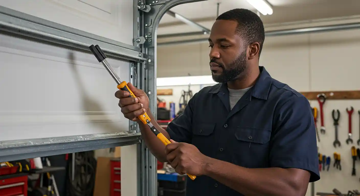 A man in a navy uniform works on a garage door, using a yellow tool with focus and precision.