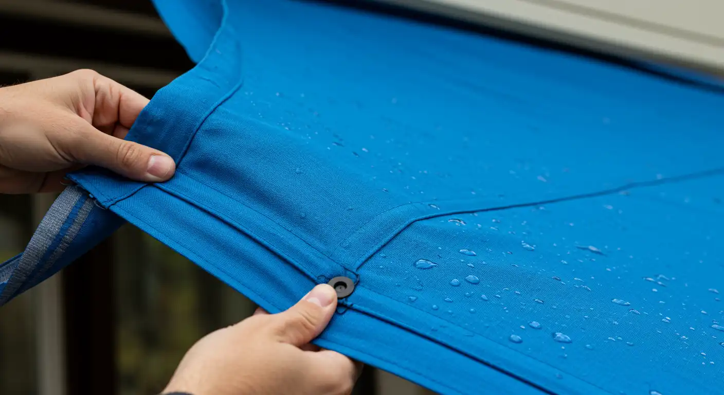 Close-up of hands attaching blue tarp.
