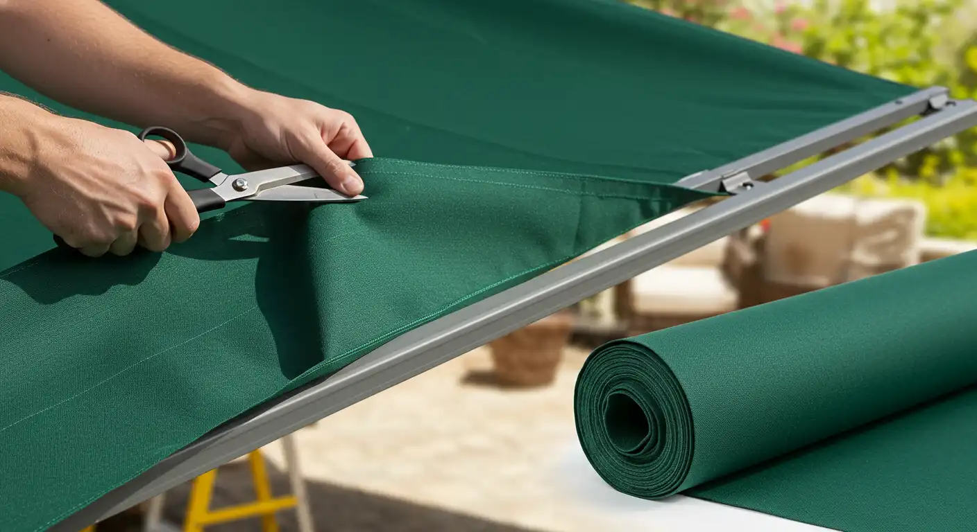 Hands use scissors to cut dark green fabric on a metal frame. A roll of fabric is nearby. 
