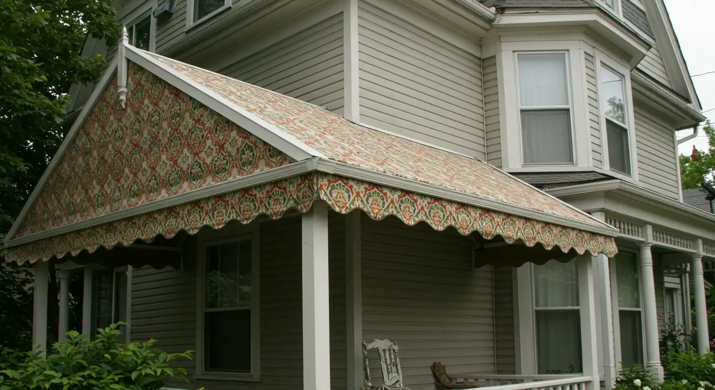 Victorian-style house with ornate patterned awning, light gray siding, and white trim.