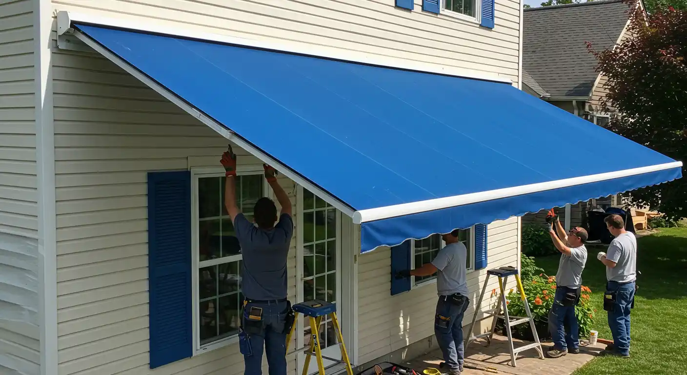 Three people install a blue retractable awning on a house with light siding and blue shutters,