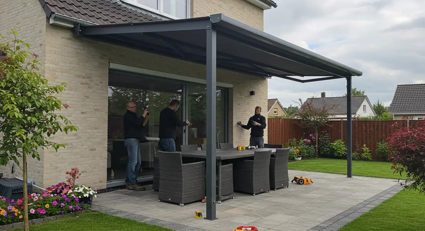 Men replacing a dark patio cover.