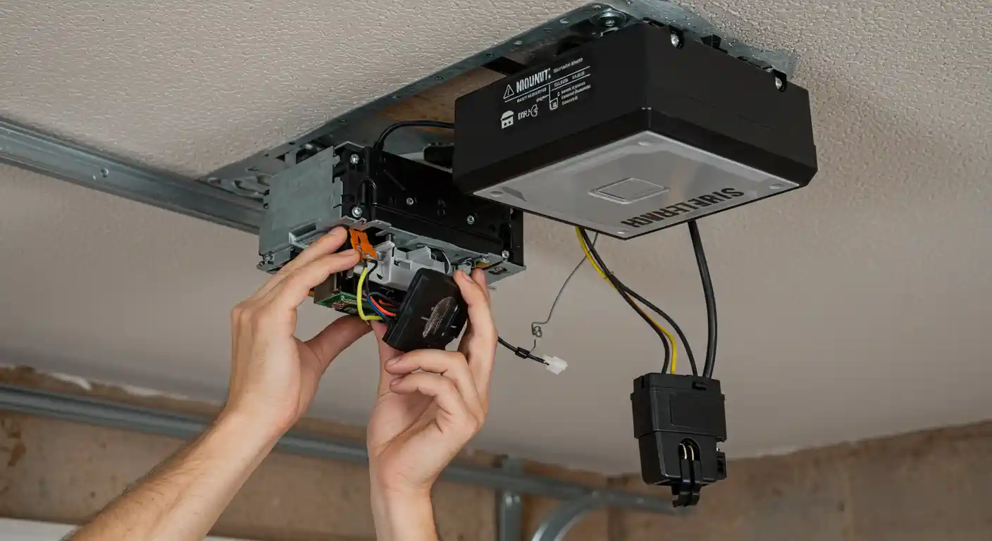 A pair of hands are seen working on the wiring of a garage door opener mounted to the ceiling. The opener is black and silver, with various wires and components exposed. The ceiling is white, and metal framing for the garage door track is visible in the background.