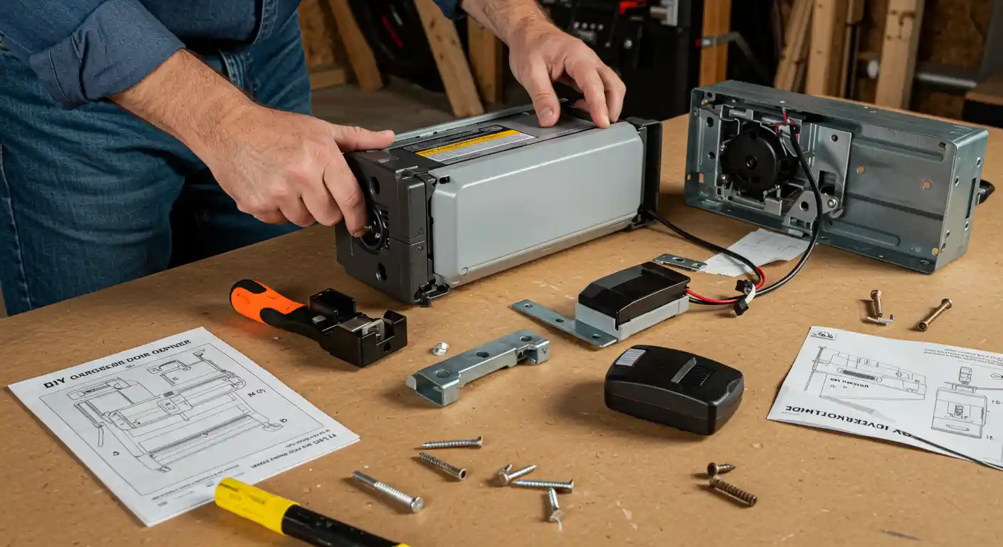A pair of hands is assembling or disassembling a gray garage door opener motor on a light-colored wooden workbench. Various components, screws, and printed instructions for a "DIY GARAGE DOOR OPENER" are scattered around the workbench.