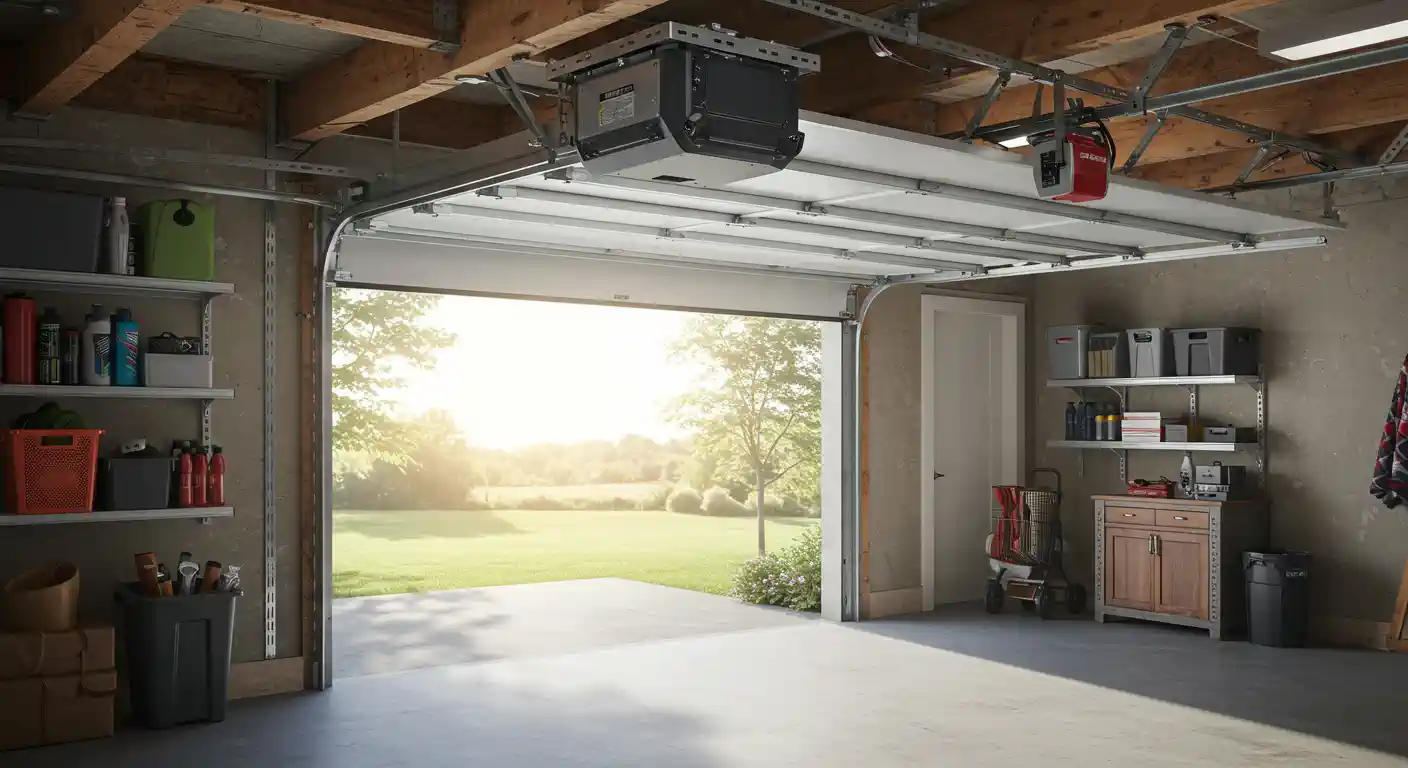 An open garage door reveals a bright, sunny outdoor scene with a green lawn and trees. Inside the garage, shelves filled with various items are visible on both sides, and a garage door opener is mounted on the ceiling. The garage has a concrete floor and exposed wooden ceiling beams.