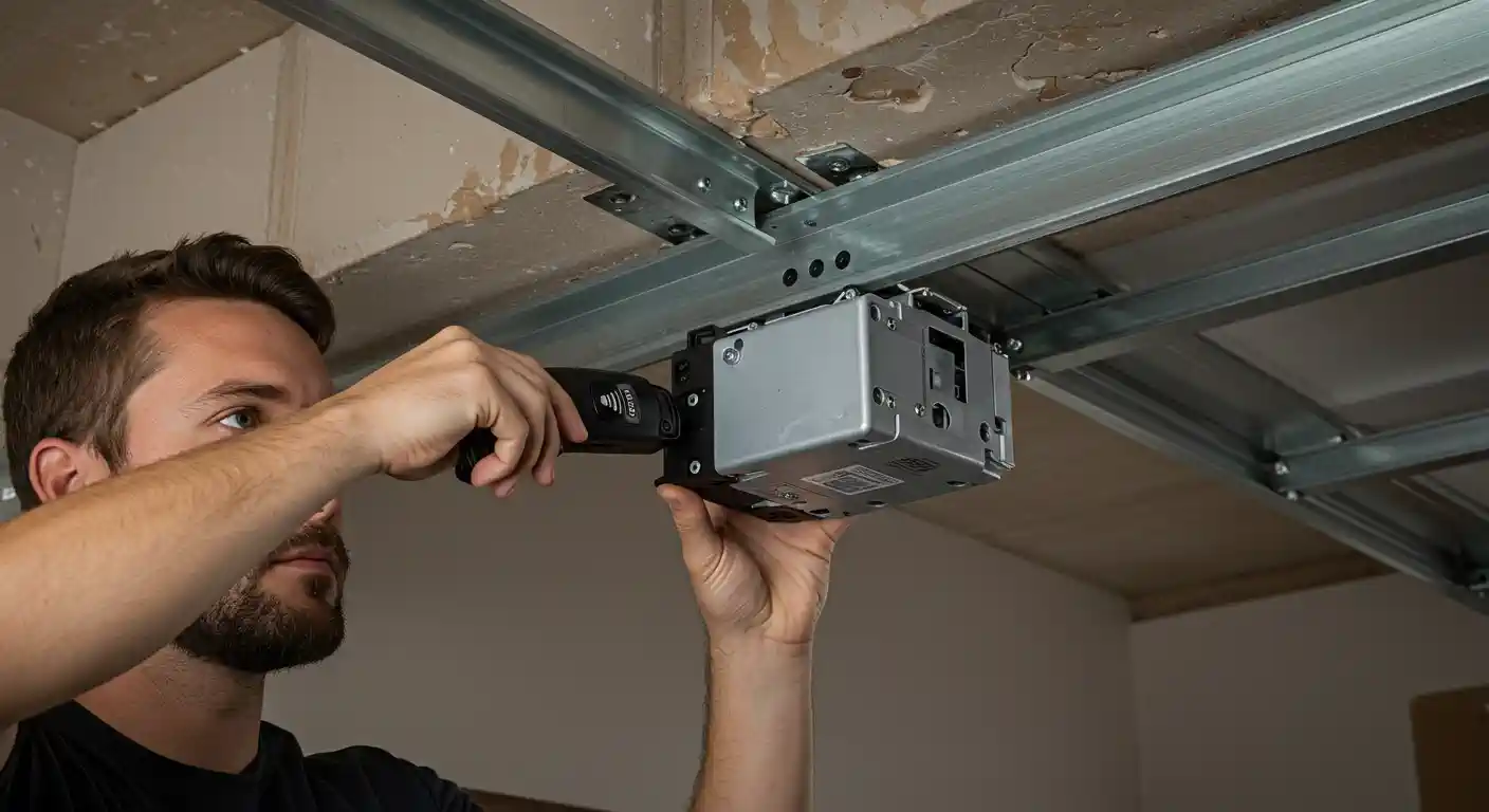 A man with a beard is looking up and holding a black power tool to a silver and black garage door opener that is mounted on the ceiling tracks of a garage. The ceiling shows some wear and tear.