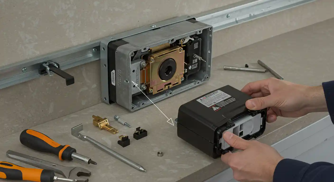 A pair of hands are seen holding a black component of a garage door opener, aligning it with an open silver housing that's mounted to a wall. An arrow drawn on the image indicates the connection point. Various tools like screwdrivers and wrenches, along with small hardware pieces, are laid out on a beige workbench surface.