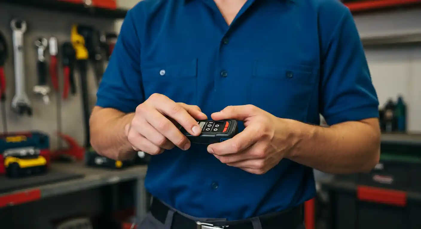 A person wearing a short-sleeved blue uniform shirt and grey pants is holding a black and orange garage door opener remote with both hands, appearing to program or operate it. The remote has a small screen and several buttons. The background is a blurred garage or workshop, with tools hanging on a pegboard wall and a workbench visible.